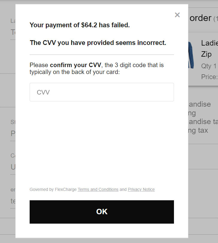 Example of information request where the CVV is incorrect.