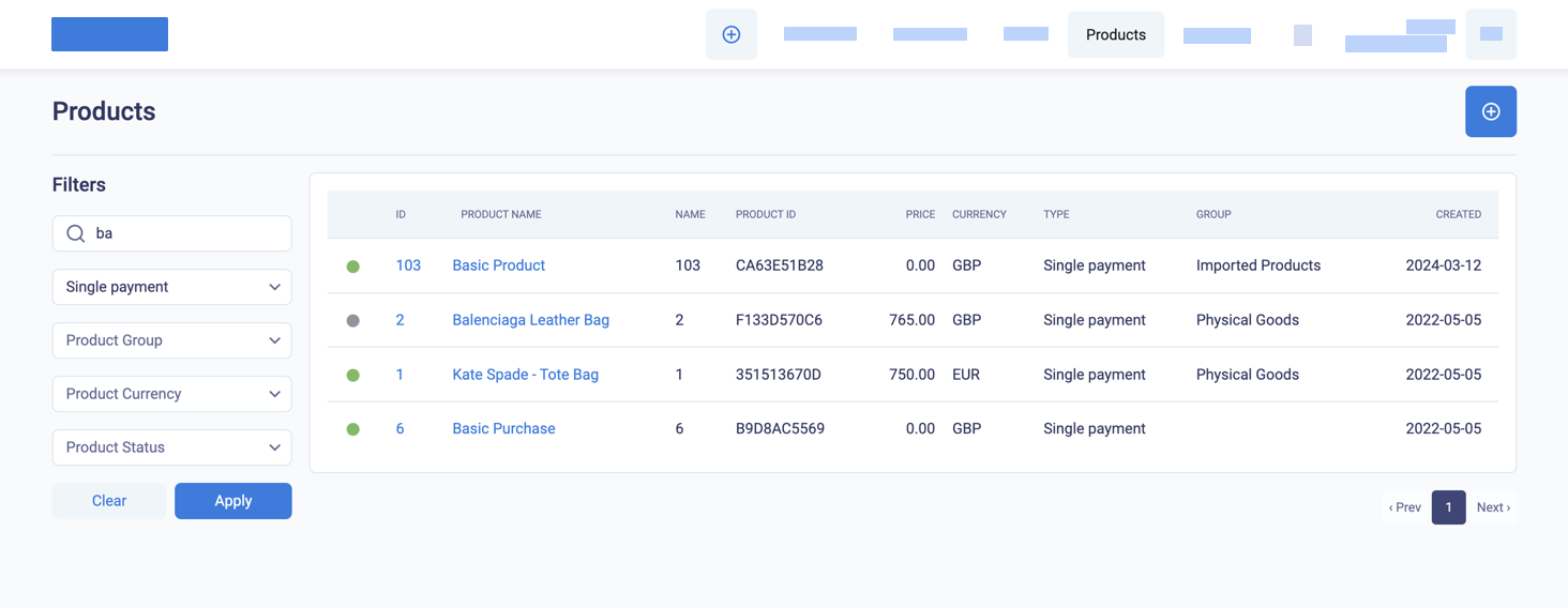 Single payment products filtered by name with text "ba"