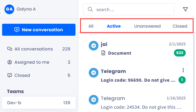 Screenshot with the conversations statuses tabs