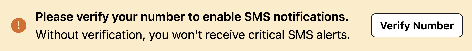 A screenshot of the PagerDuty UI detailing a banner that notifies user that they need to verify their phone number in order to receive SMS notifications