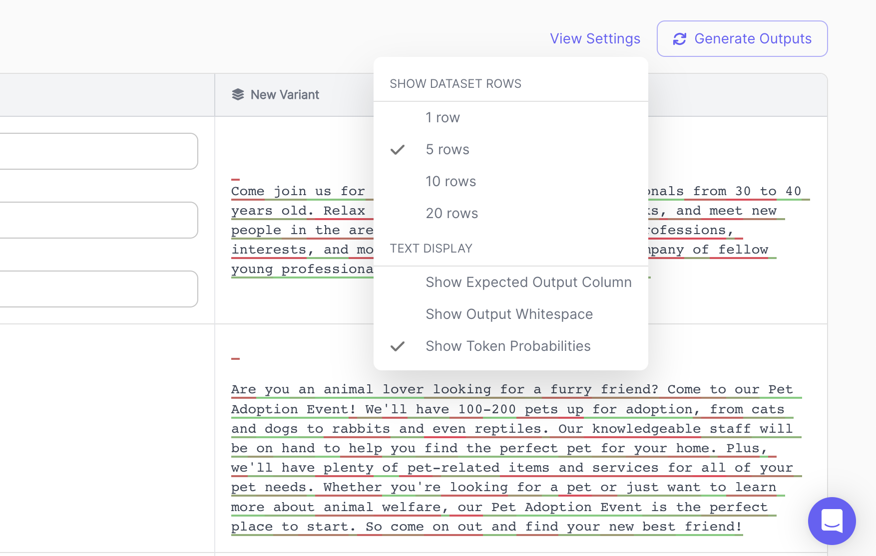 Choose "Show Token Probabilities" to see token probabilities and alternative choices the model sampled from for each token in the output.