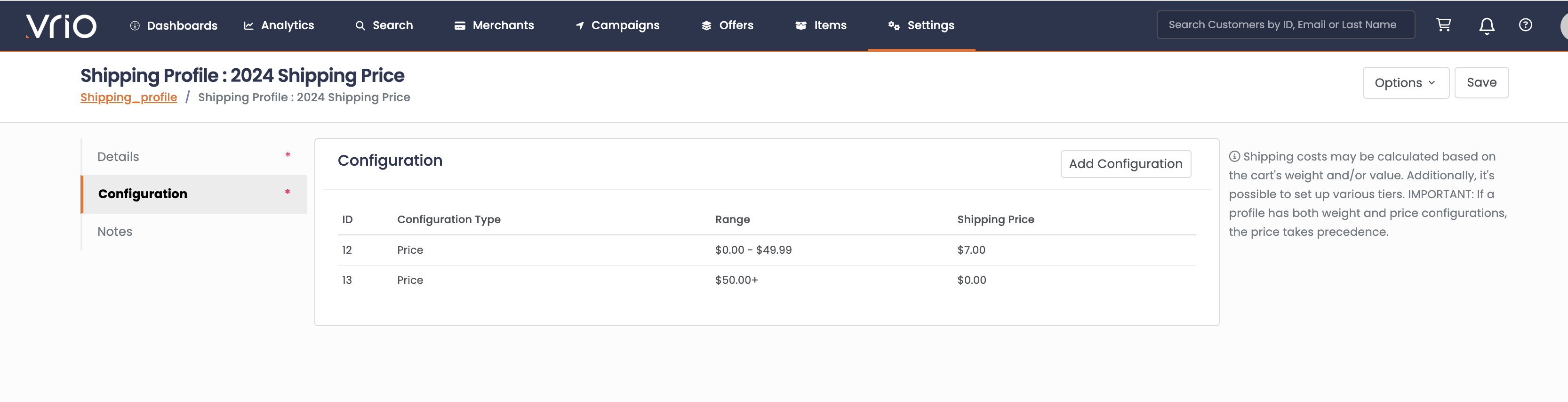 Configuring shipping price tiers