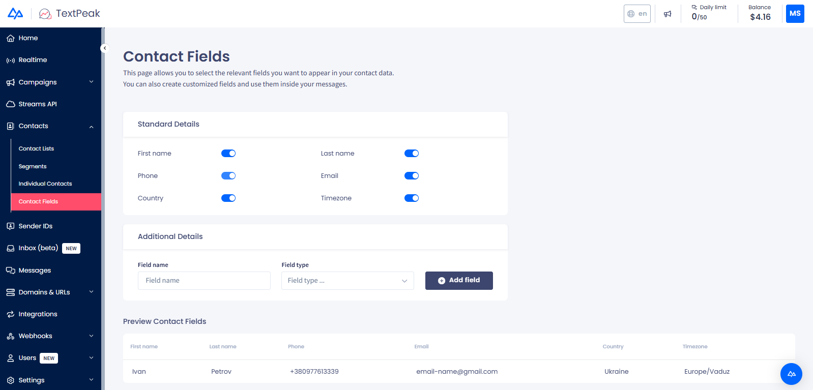 **Contact Fields** menu tab