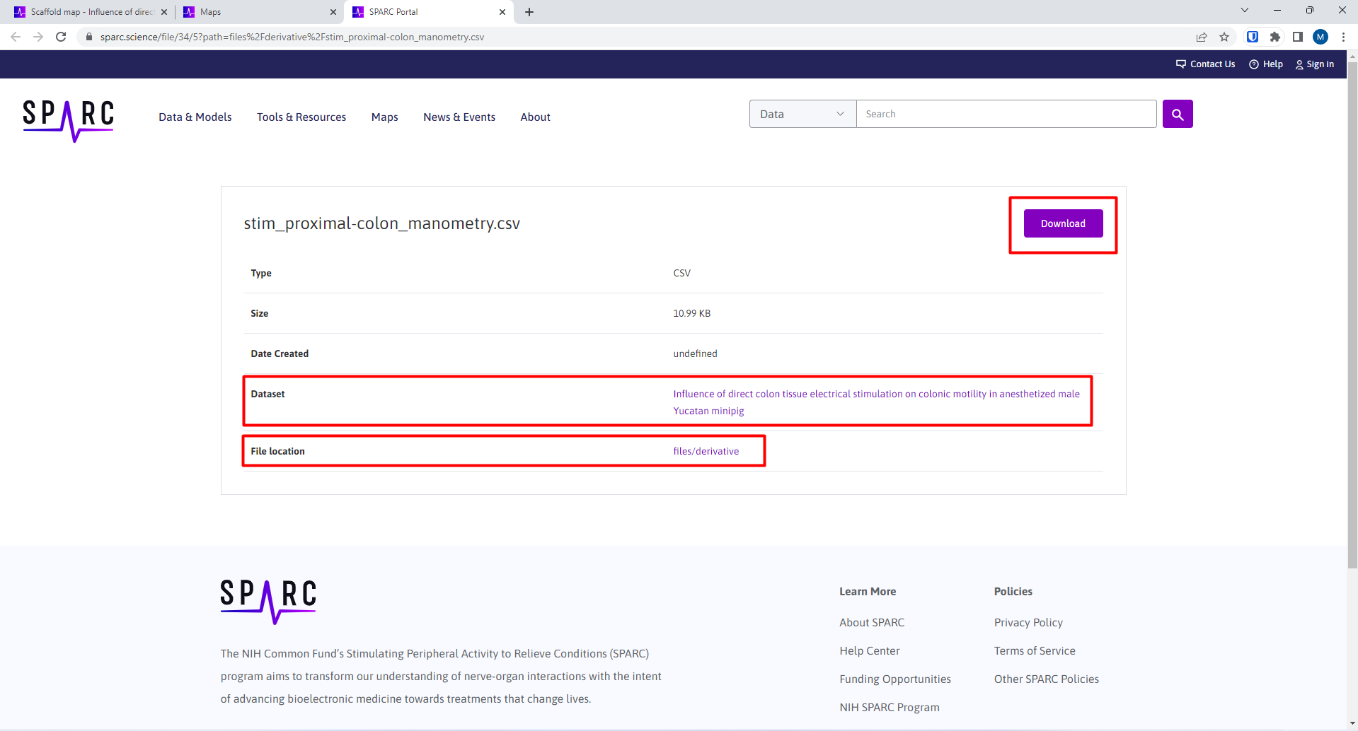 Figure 7. When directed from **View Source**, the page shows information of the original dataset, the file location of the data, and allows the user to download the original data file used in the mapping.