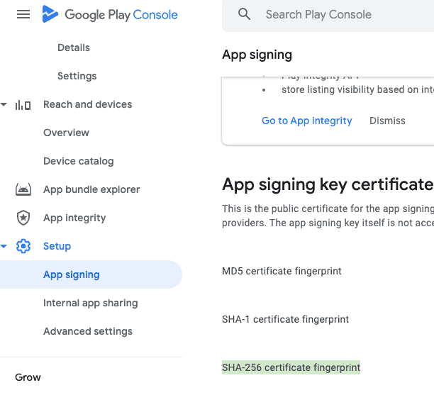 Google Play Console — App signing key certificate com destaque para SHA-256 certificate fingerprint