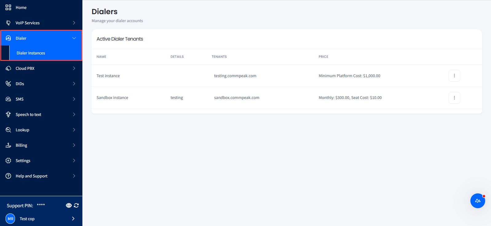 Screenshot of Dialer Instances in the main menu