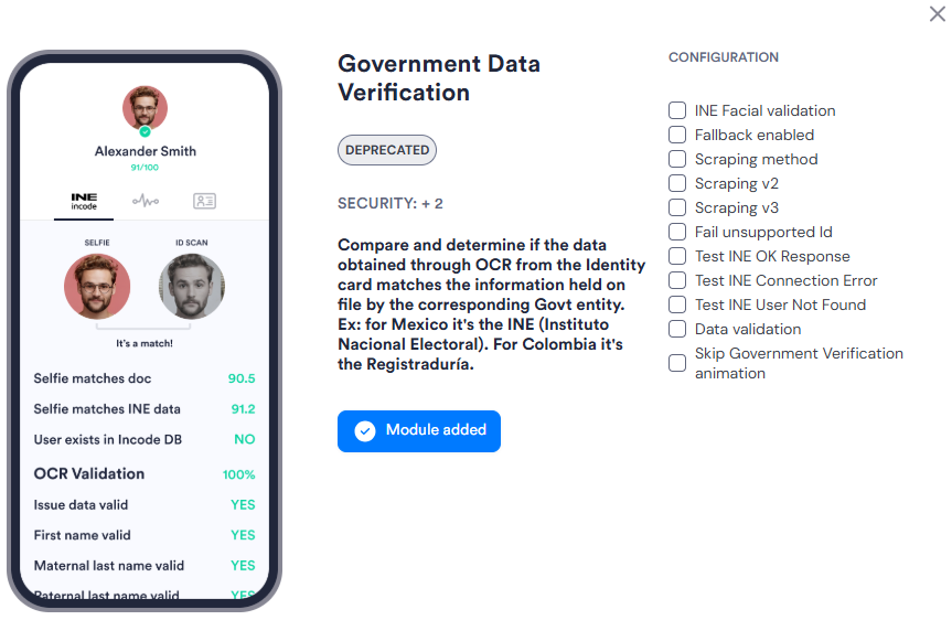 Image of the Government Data Verification module's configuration panel. Has 11 configuration options.