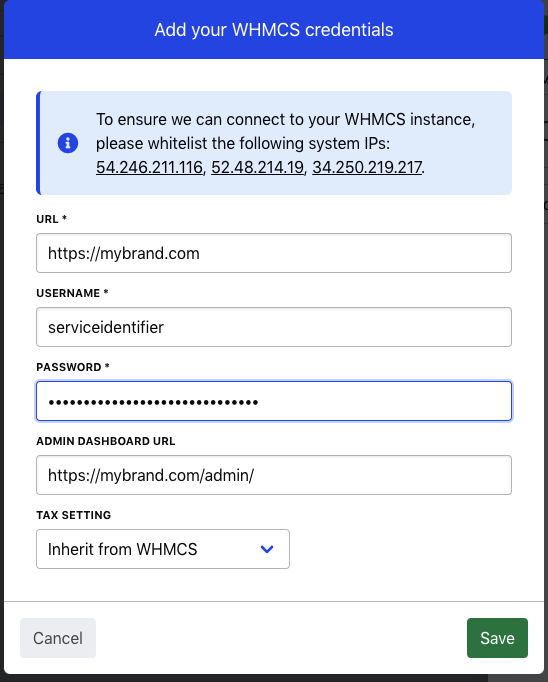 Enter your WHMCS API credentials into Upmind like so.