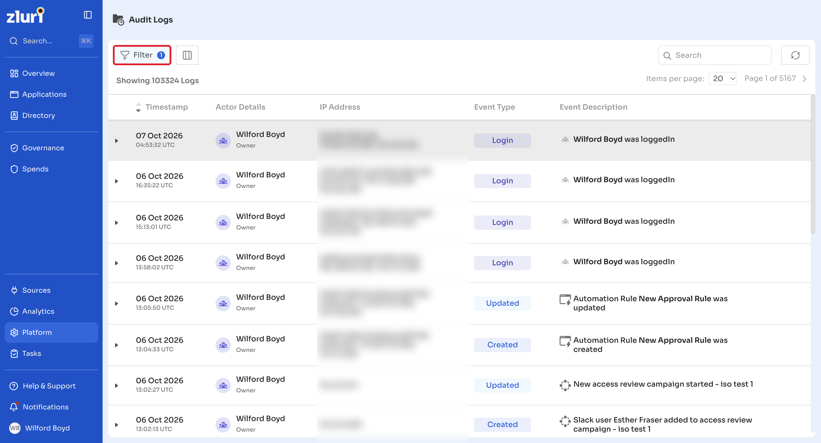 Filter button on the Audit Logs page