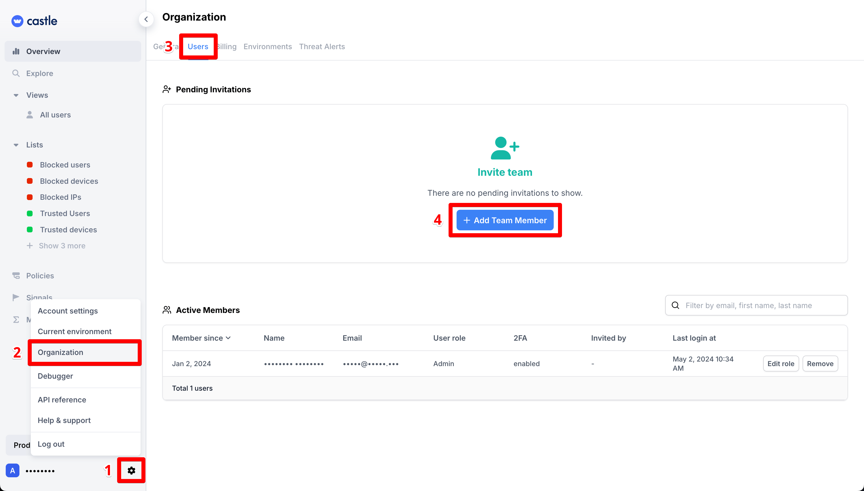 Castle's Organization settings page with Users tab opened