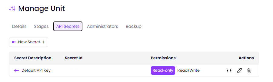API Secrets tab of Unit management.