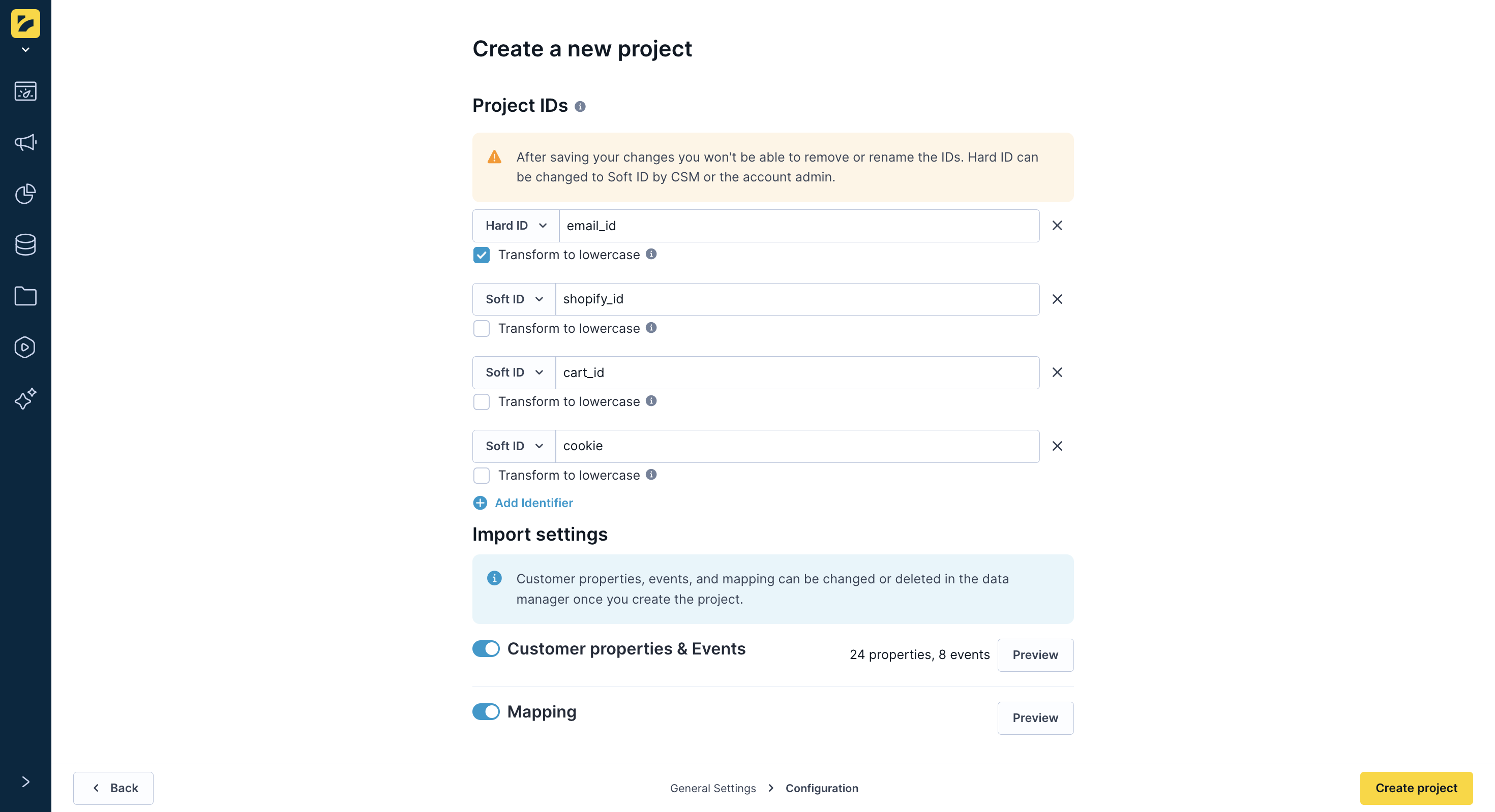 Project preview screen showing pre-configured hard and soft IDs with toggles for Customer Properties, Events, and Mapping.
