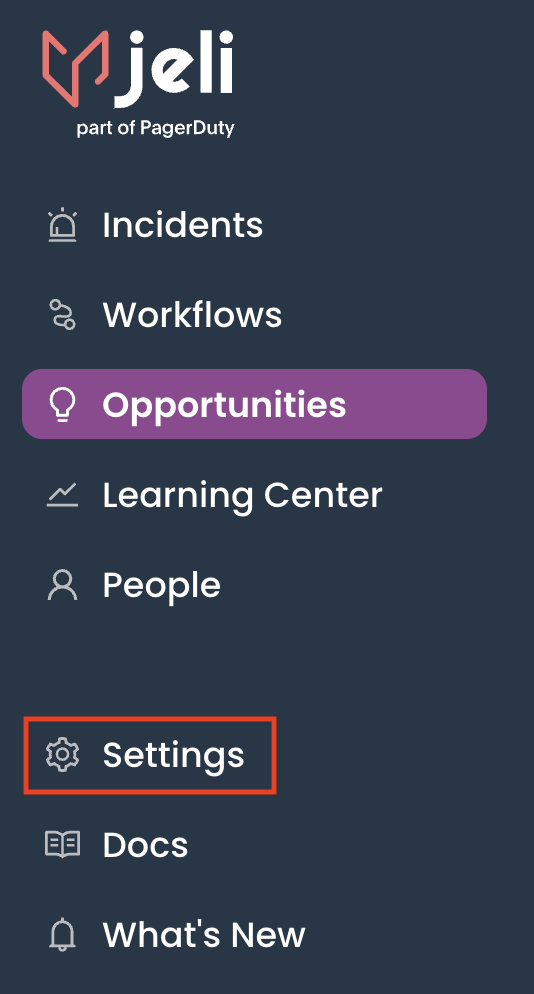 A screenshot of the Jeli UI showing how to access settings