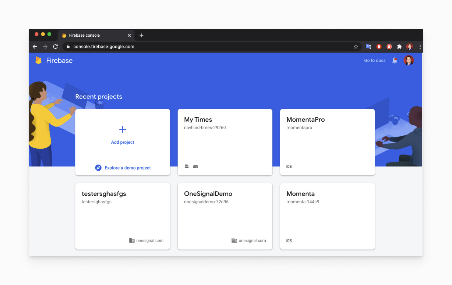 Page of Projects within Firebase