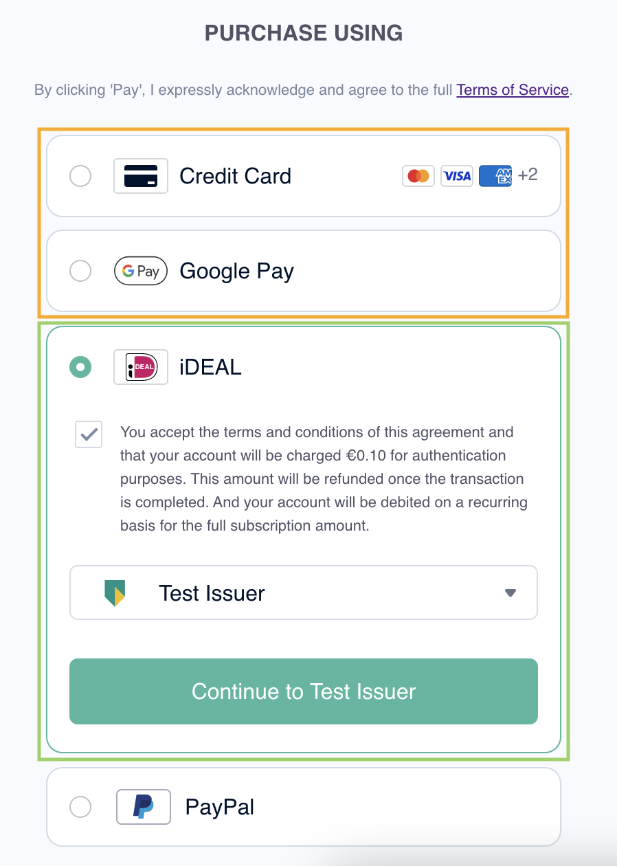 Example of Payment Methods Display Order for a Free Offer