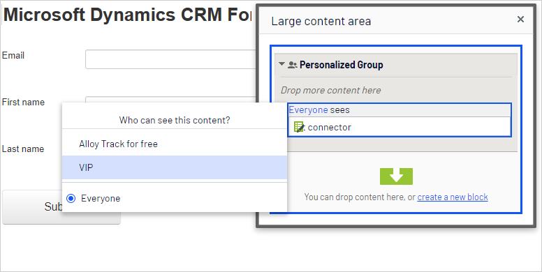Screenshot of the personalization dialog where selecting the VIP visitor group to target the form