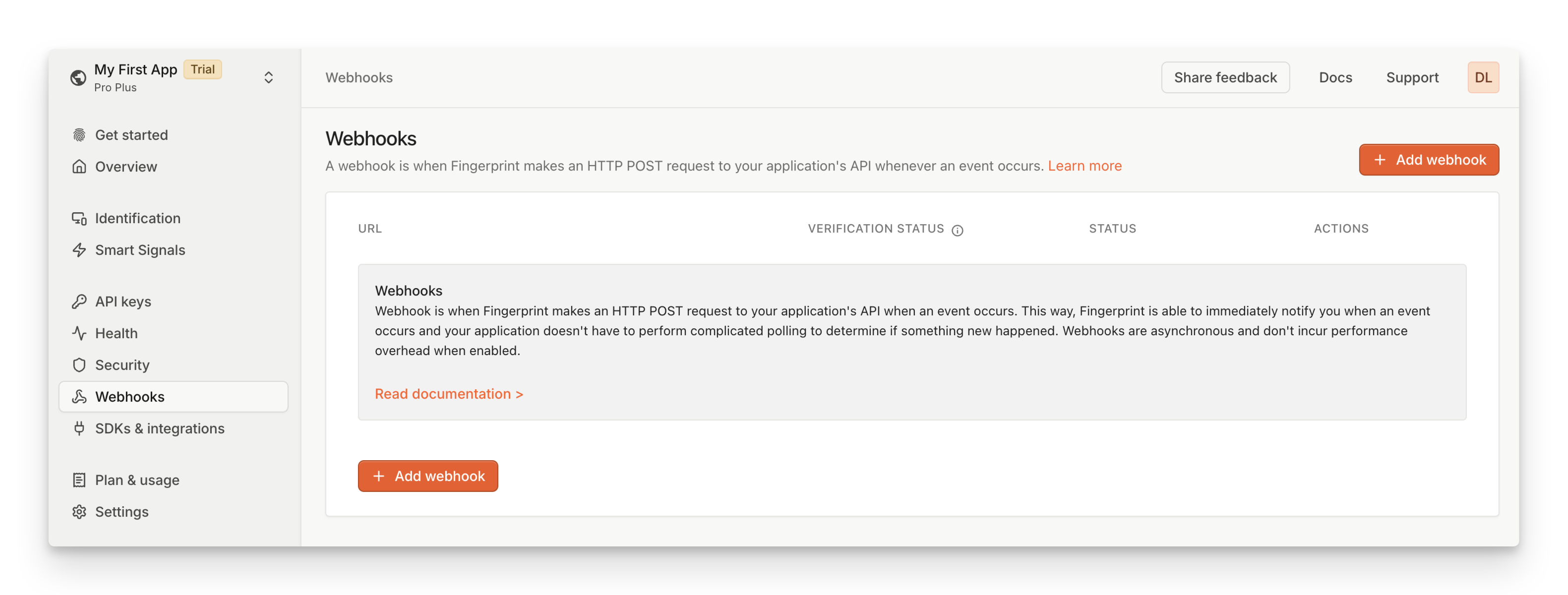 Screenshot of how to add a webhook in the Fingerprint dashboard