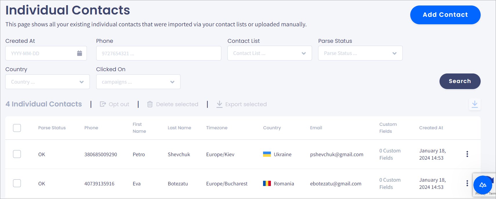 Screenshot of the **Individual Contacts** page