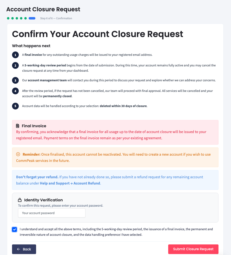 Screenshot of the Step 6: Confirm Your Account Closure Request 