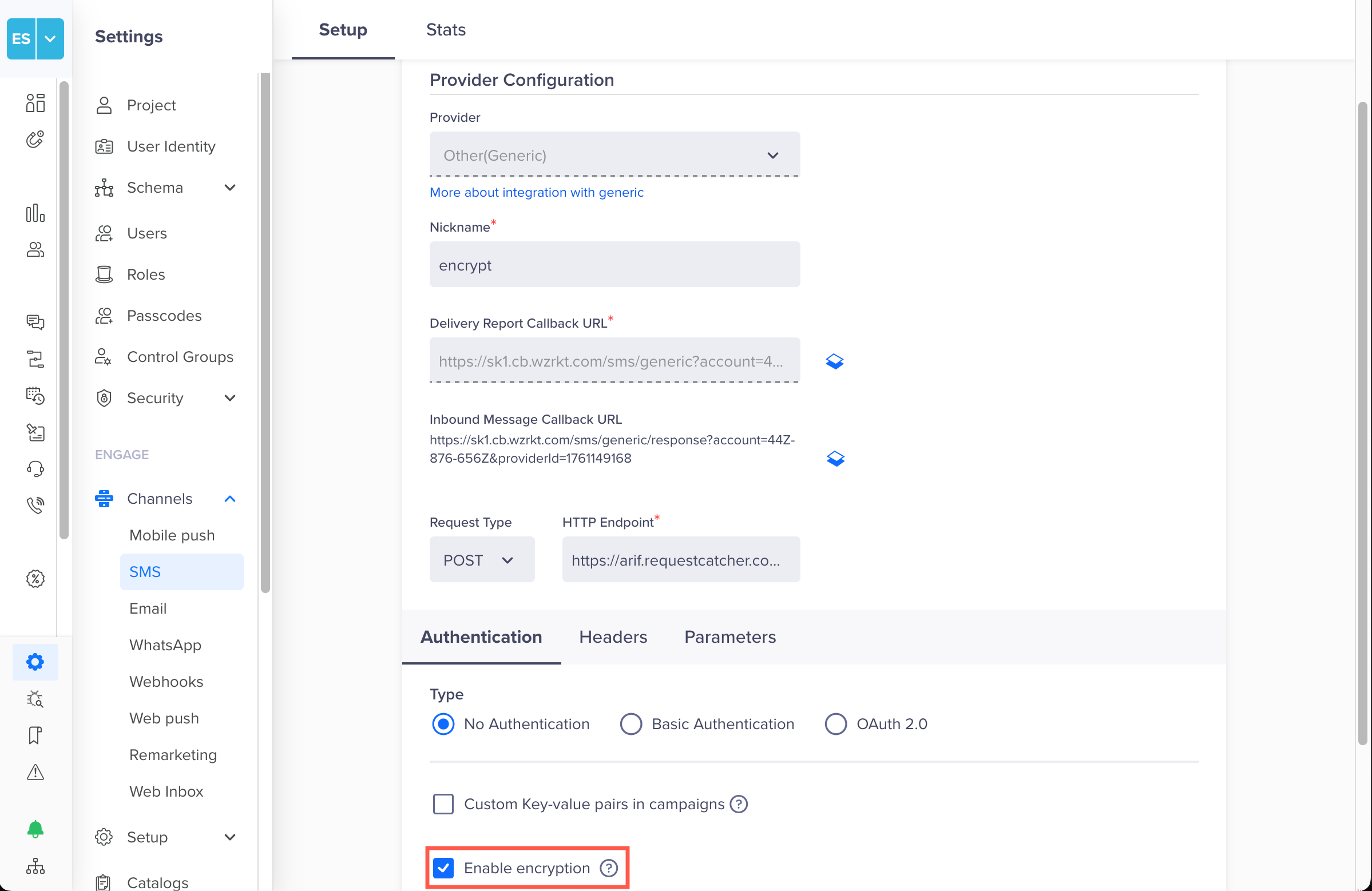 Enable Encryption in SMS Setup