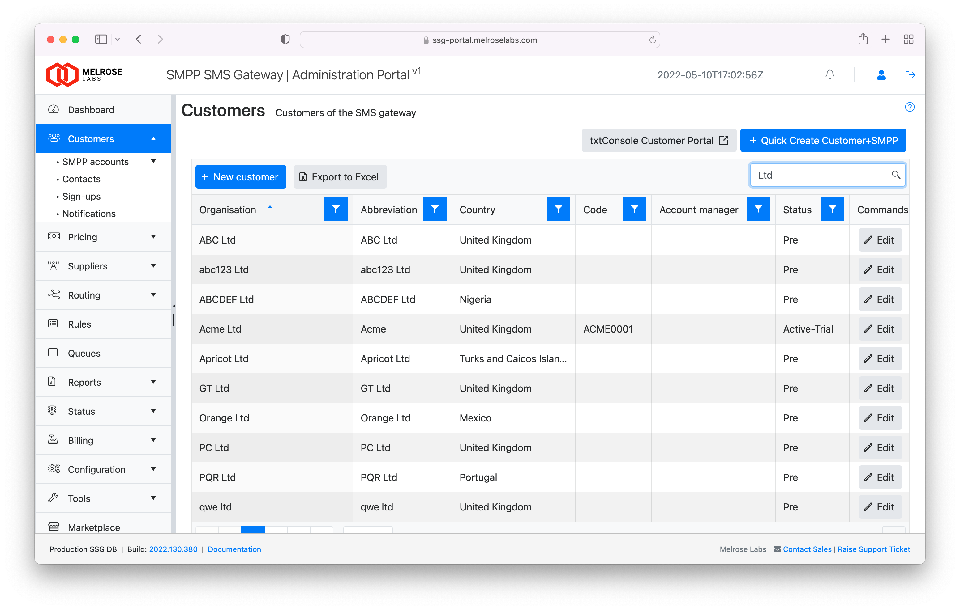 Customers section and SMPP account details