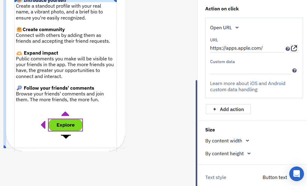 In-App editor showing the Explore button's settings panel including font, color, and spacing options