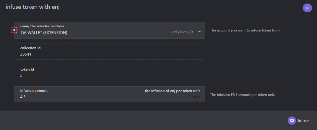 Infuse ENJ option can be found in Enjin Console → Network → NFTs → Collection → Token → Infuse ENJ.
