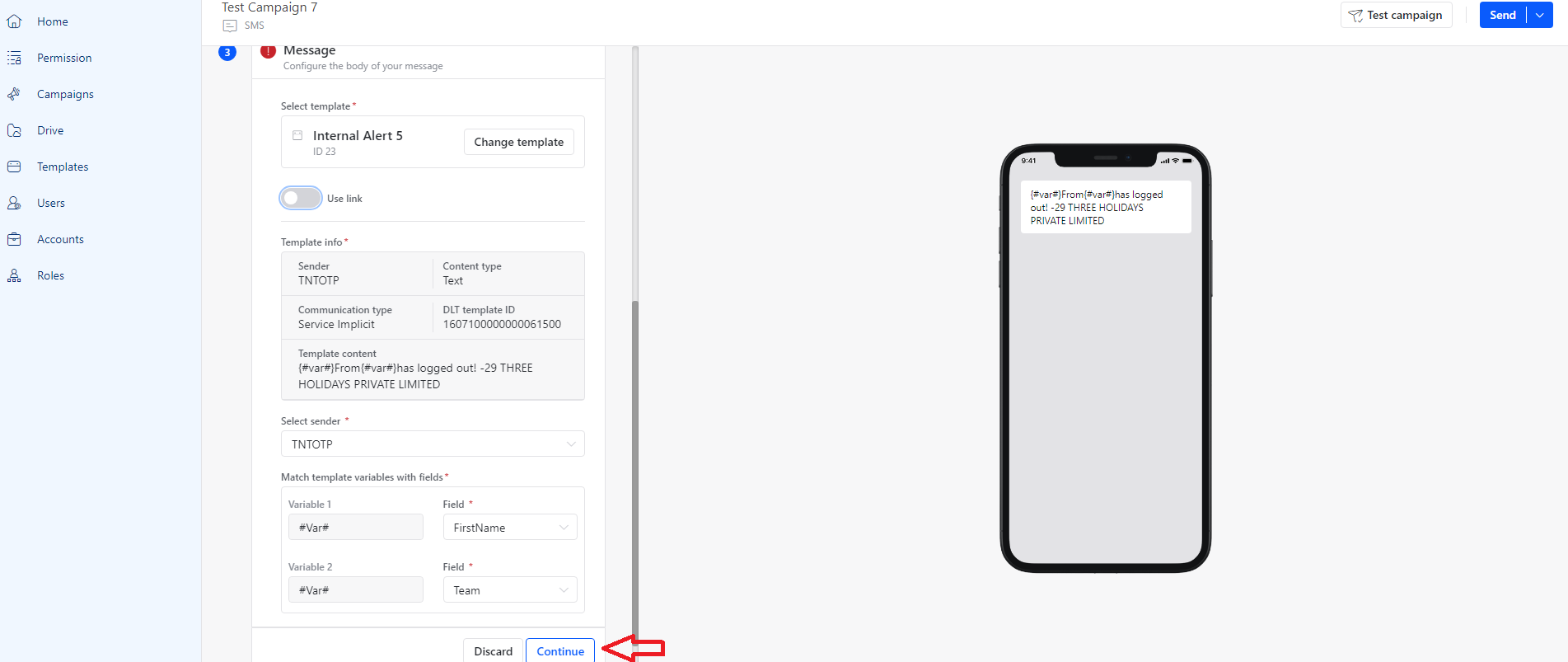 SMS template information and sender selection