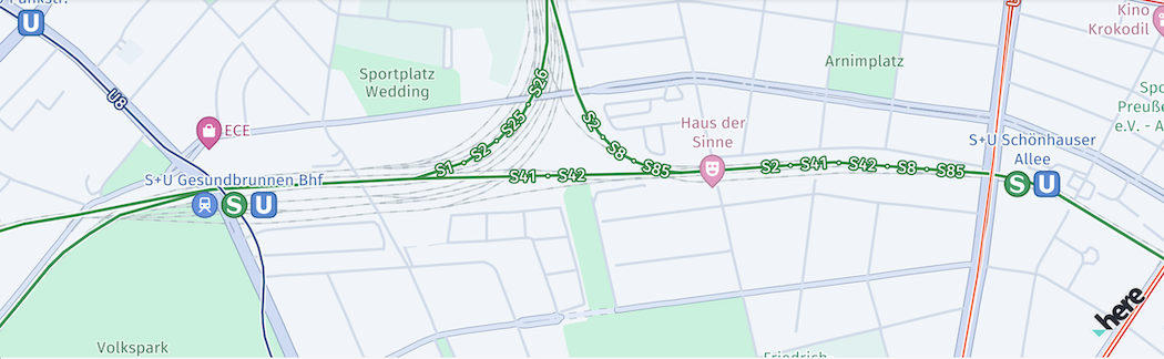 Screenshot: MapFeatures.publicTransit with MapFeatureModes.publicTransitAll. (only available with the Navigate license)