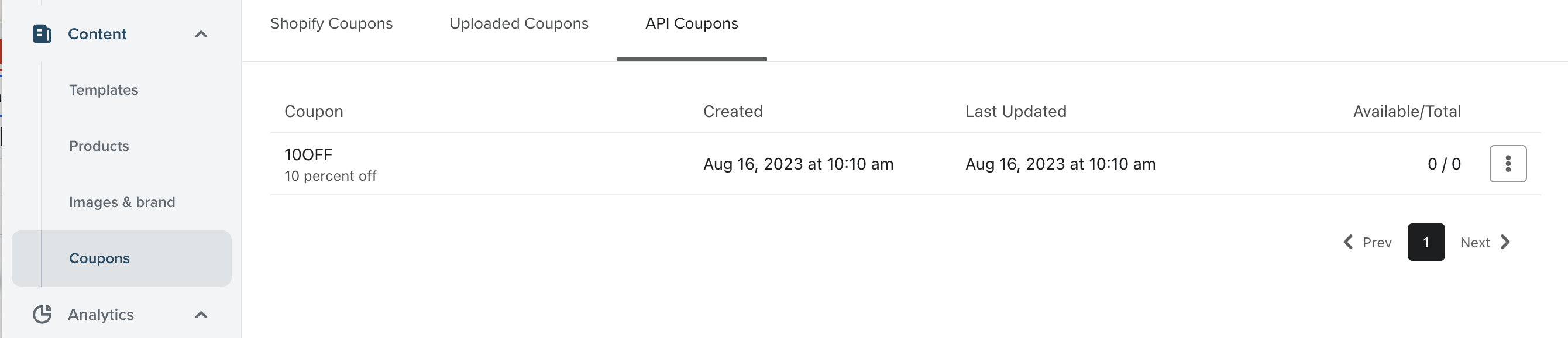 Screen capture a API coupon created via API located in the API Coupons tab under Content > Coupons