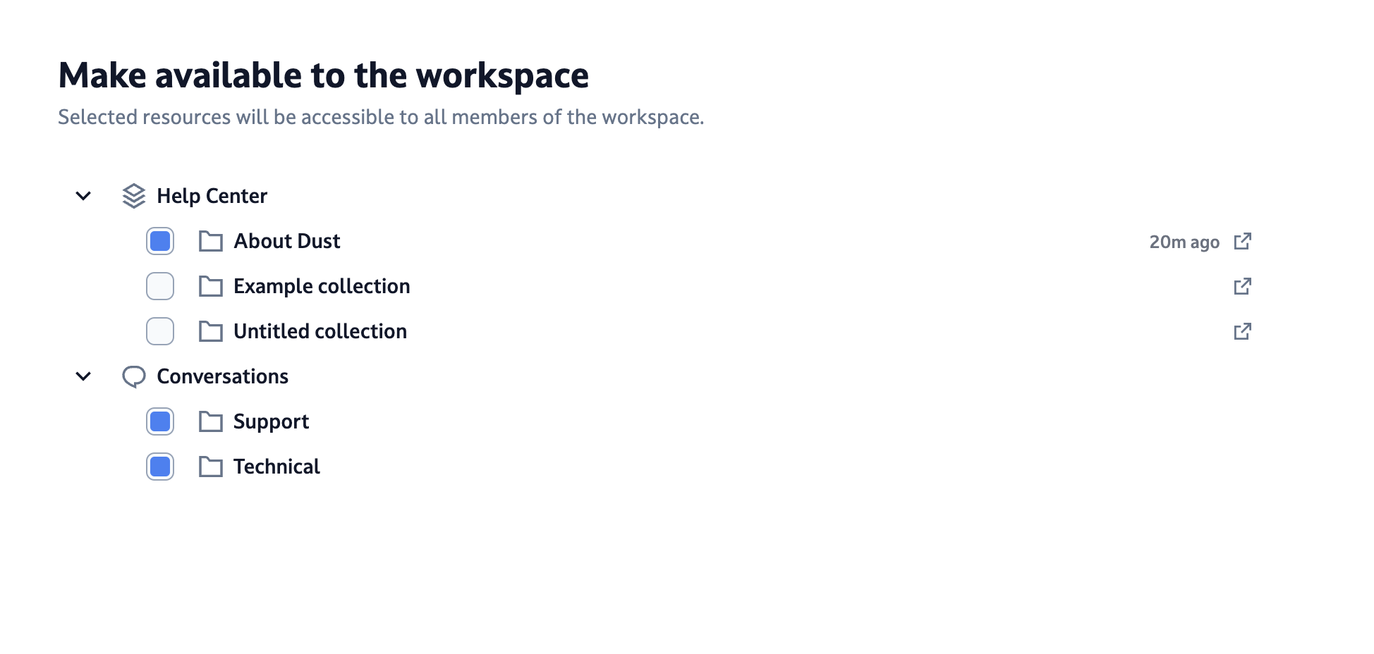 Dust modal, to select the data you want to sync with your Dust workspace.