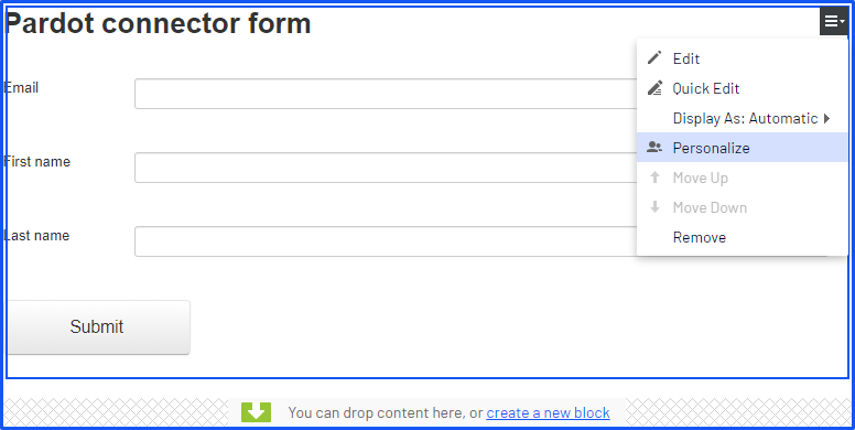 Screenshot of the Large content area dialog where selecting Personalize from the form context menu