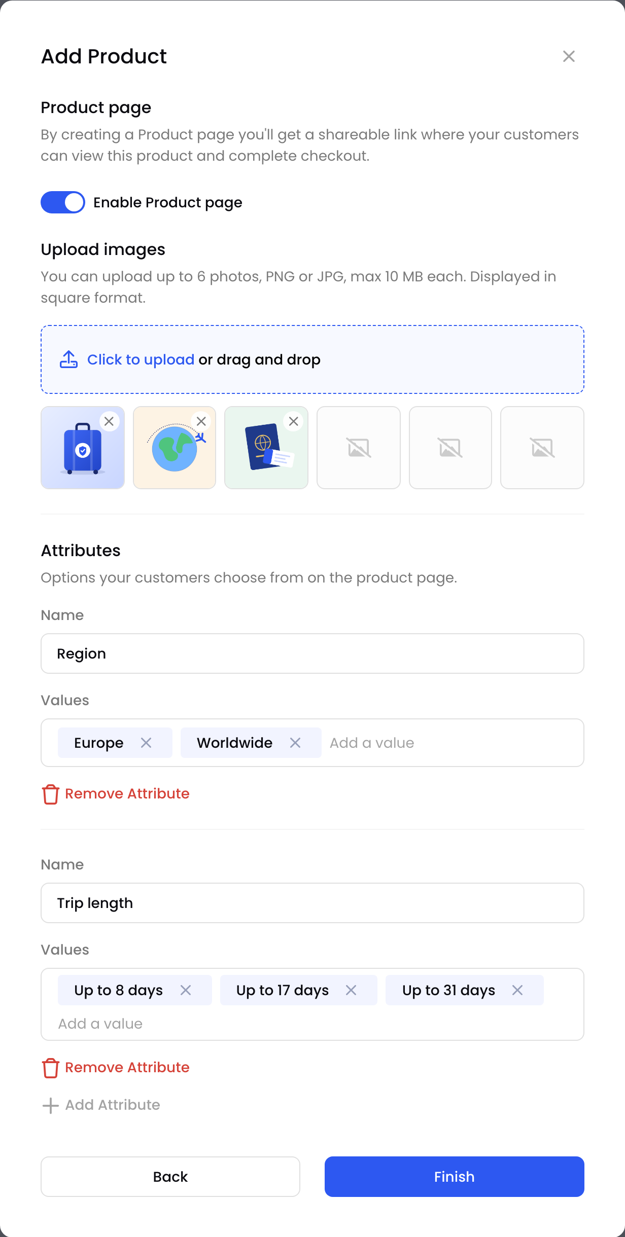 The Product page step with three images and two attributes, Region and Trip length