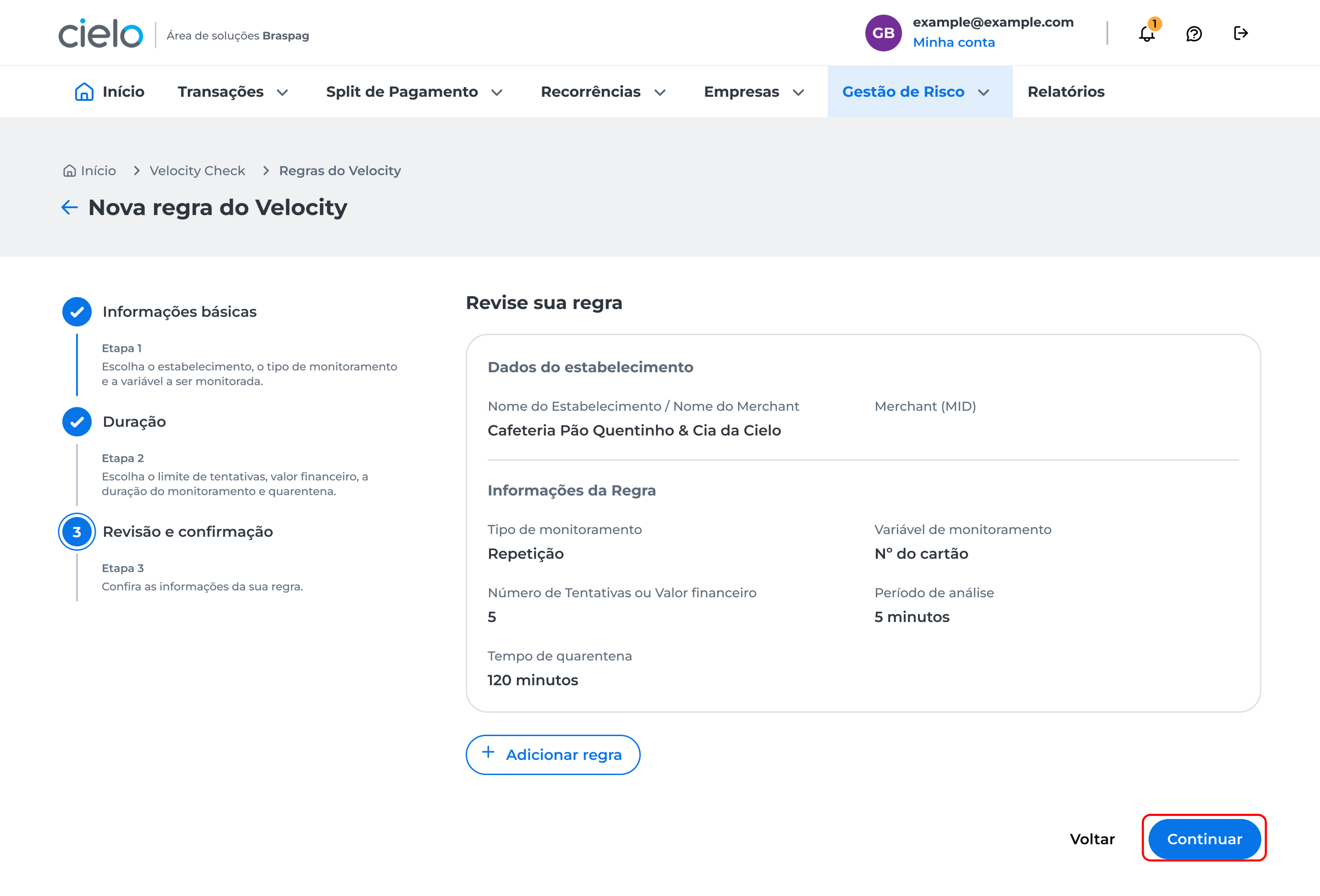 revise a regra criada