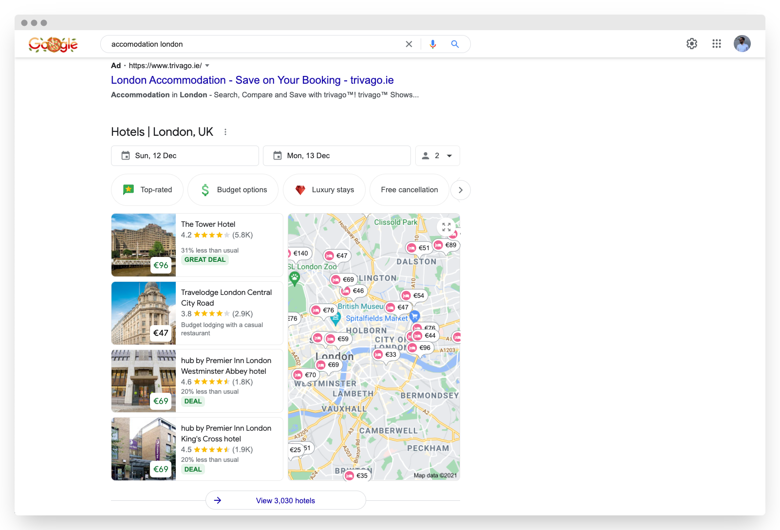 Accommodation widget displaying on the Google Search Results Page