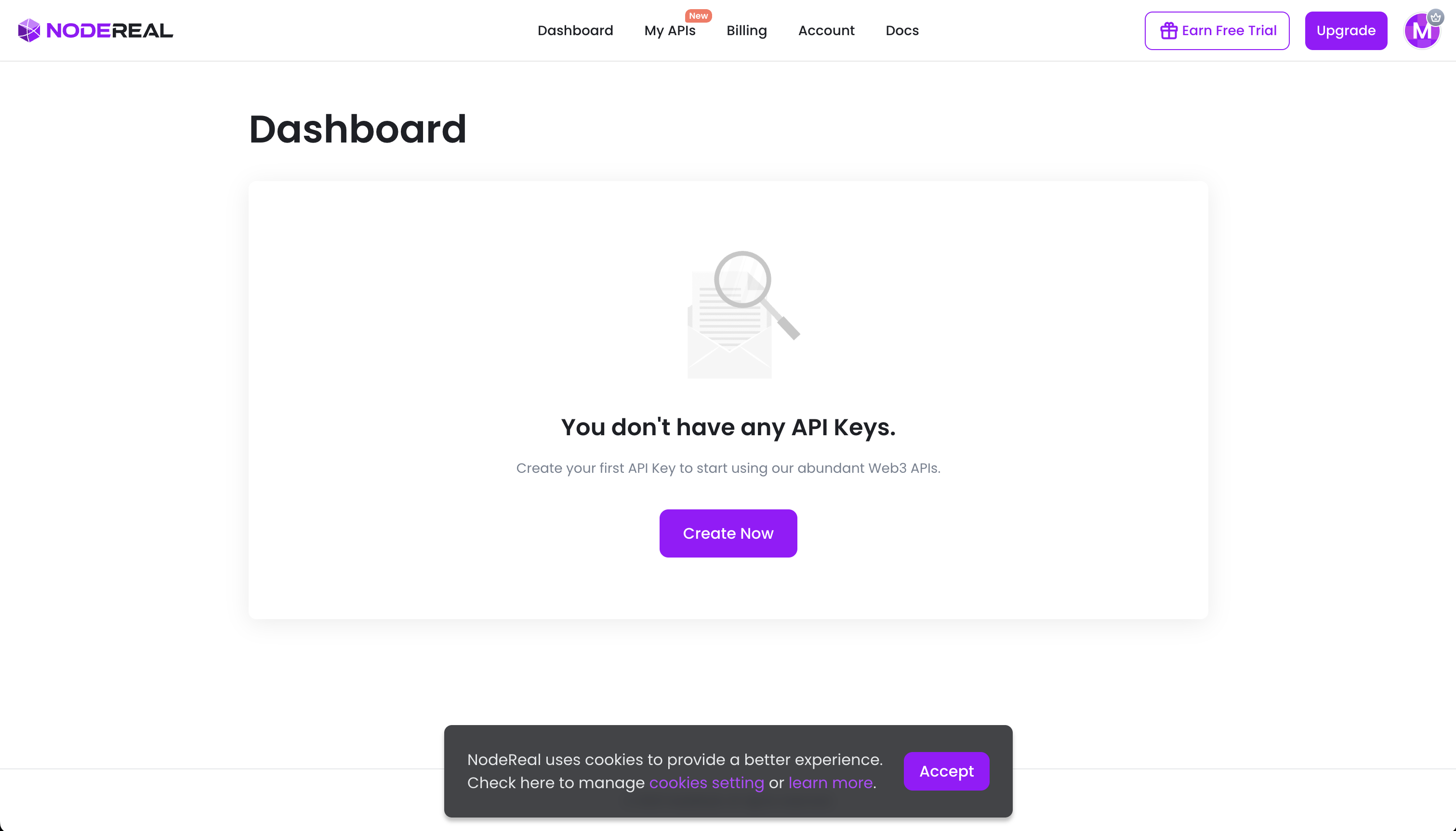 MegaNode User's Dashboard without API key created