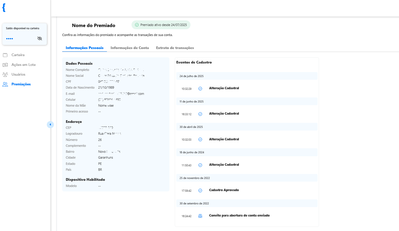 Informações pessoais do premiado