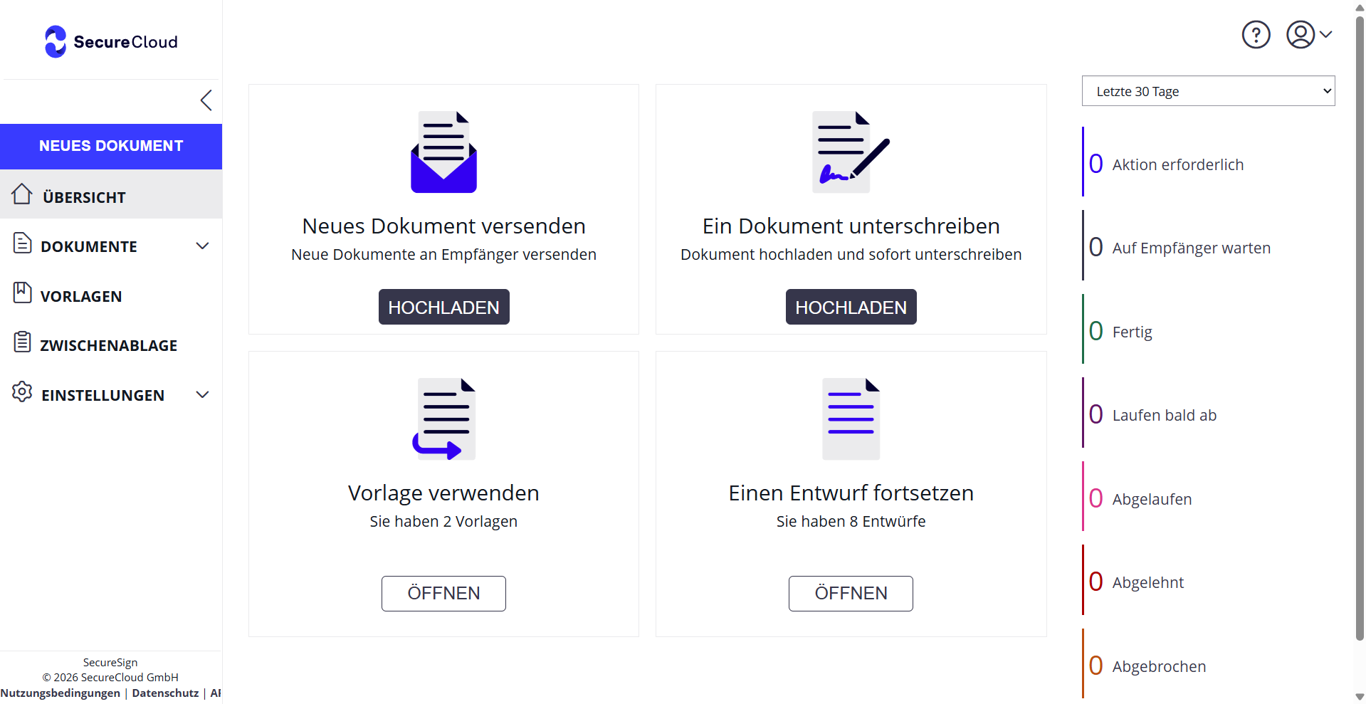 Vorlagen-Bereich – Navigation und Dashboard-Kachel