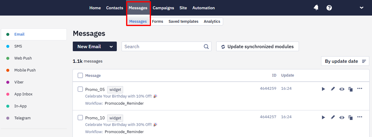 Message list in the Messages section