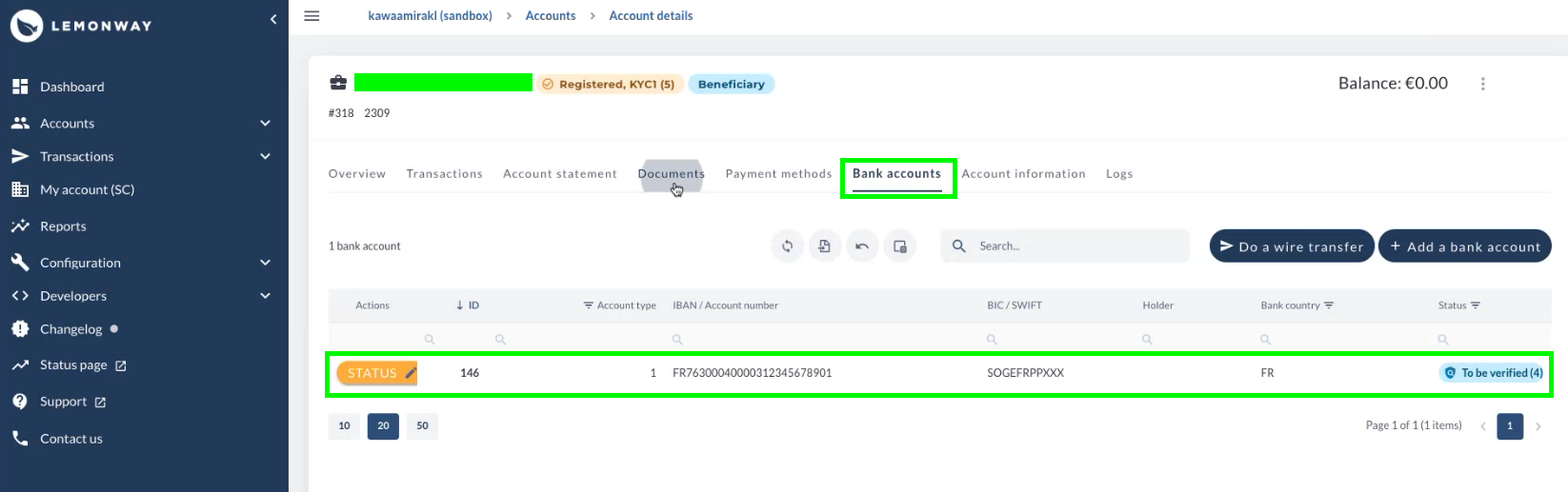 Bank details mirrored directly in the Lemonway Dashboard