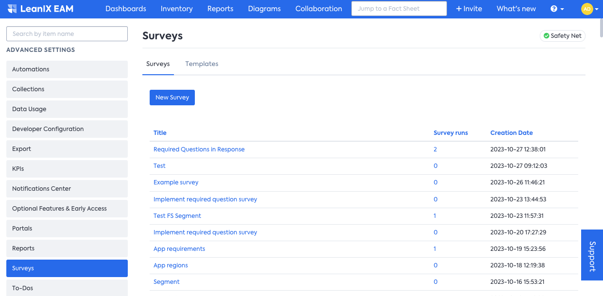 A list of polls in the Surveys section