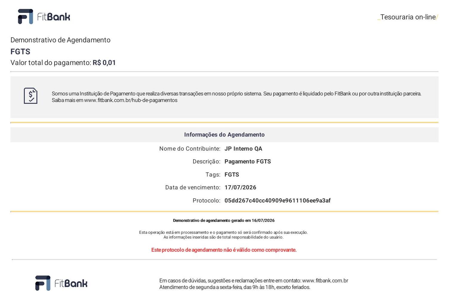 Example receipt - GeneratePaymentFGTS