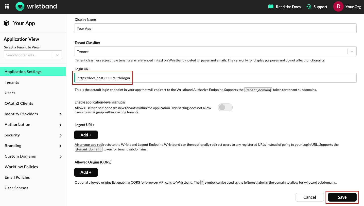 Application login URL