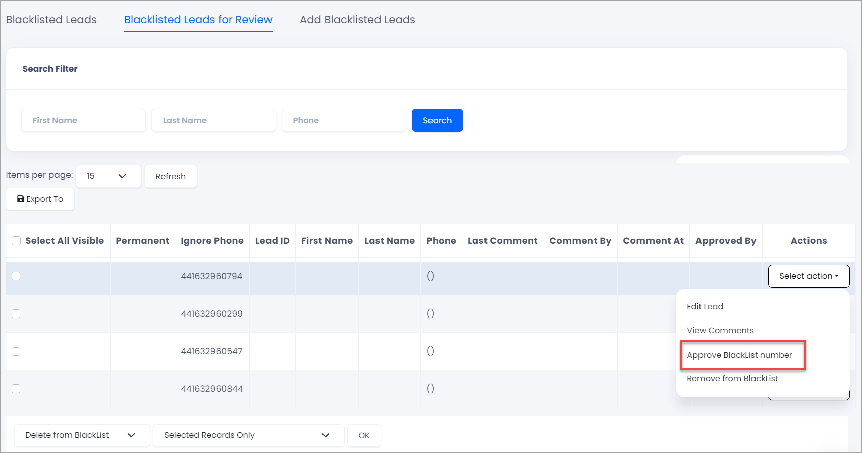 Screenshot of the Blacklisted Leads for Review tab
