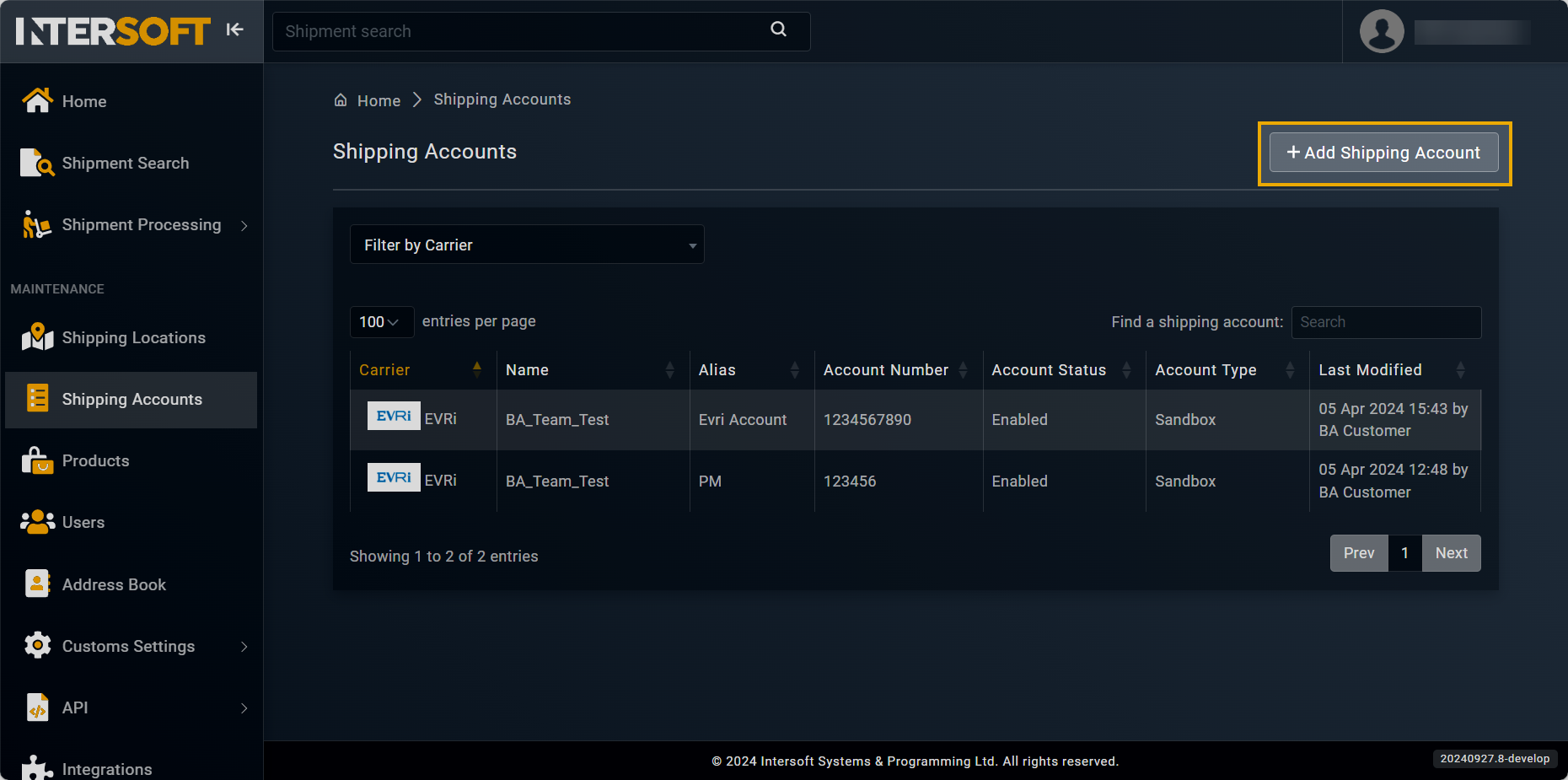 Accessing option to add shipping account