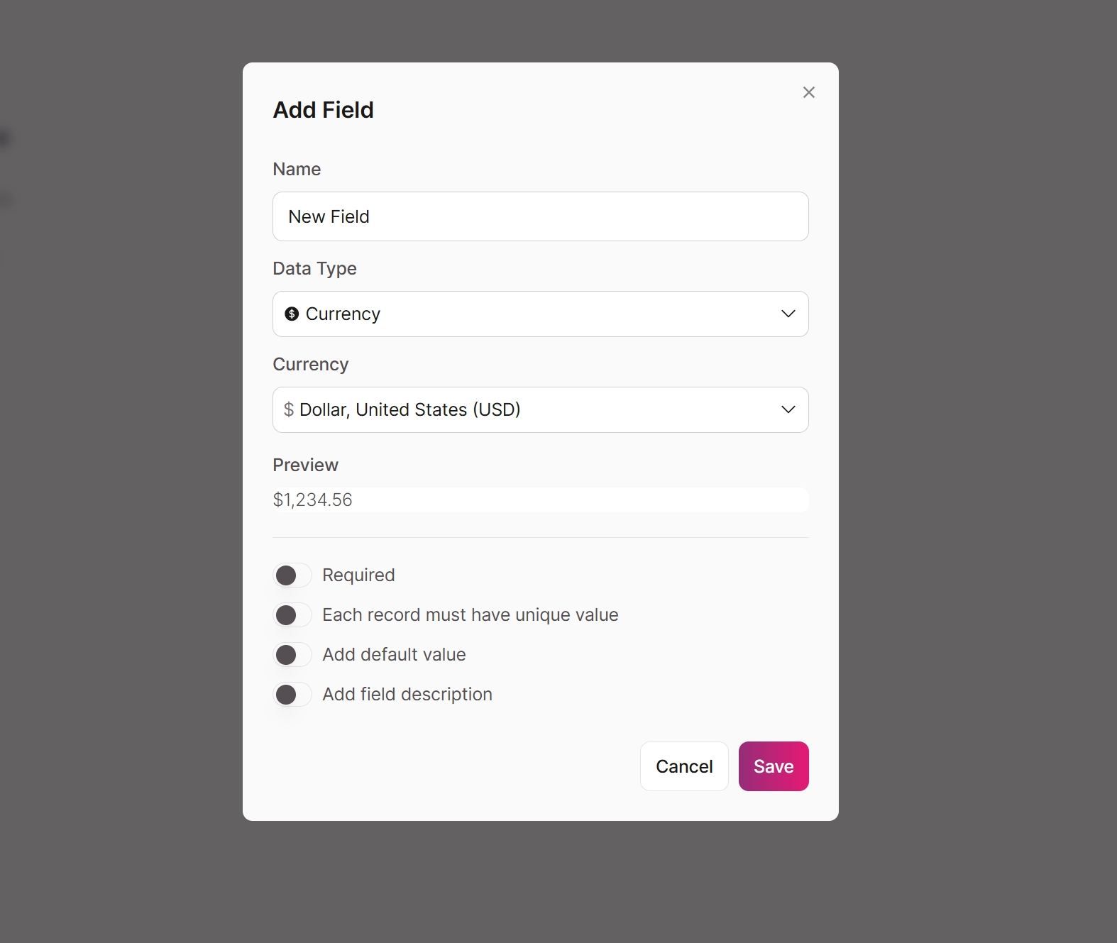 Currency field settings