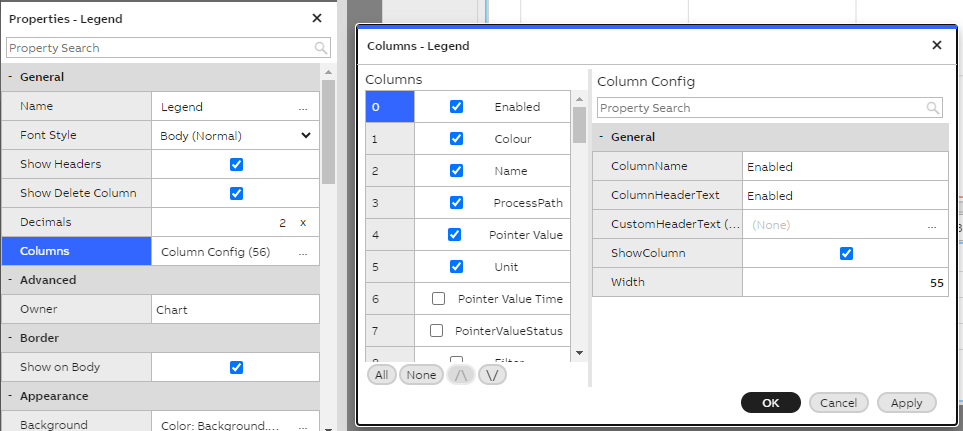 Legend properties Column menu