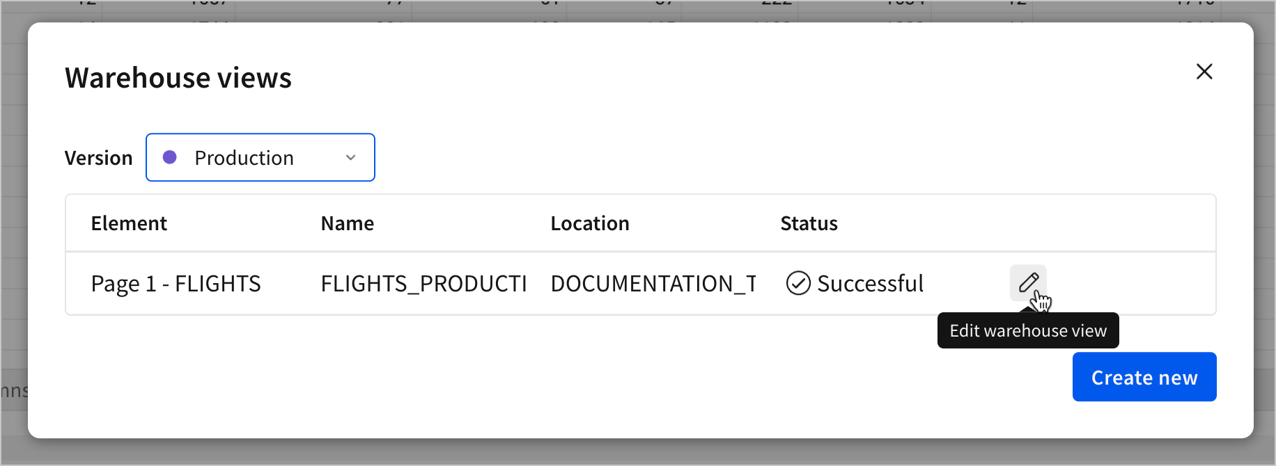 A user hovers over the edit warehouse view option for a warehouse view in the production version of a document.
