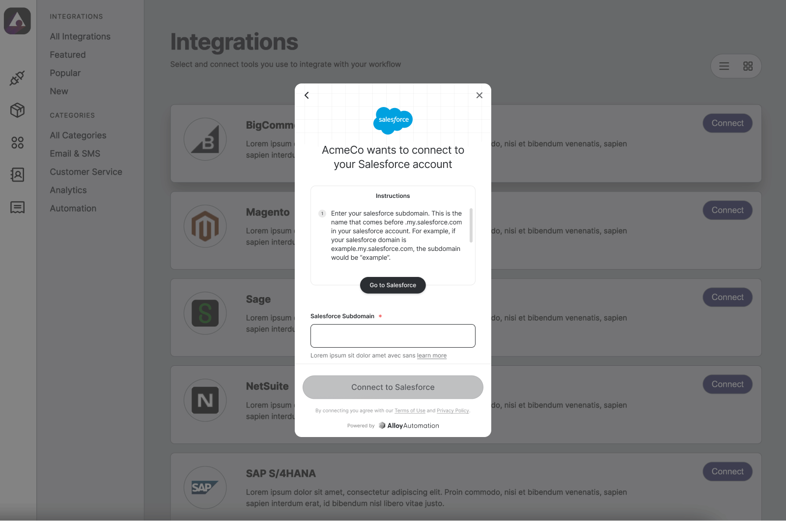 Your end-users authenticate integrations using the Alloy Modal.