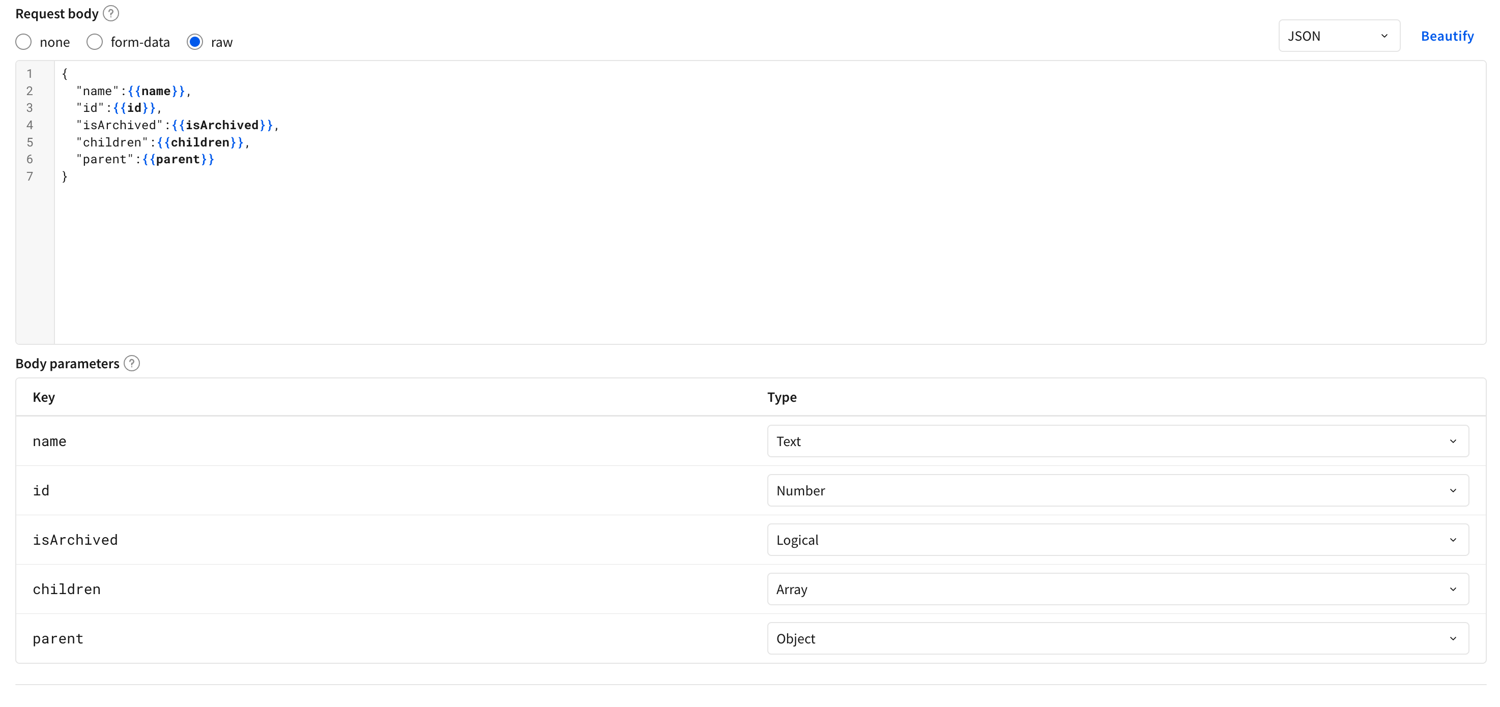 An example JSON request body shows a JSON object with 5 different dynamic values, one with each of the types String, Number, Boolean, Array, and Object